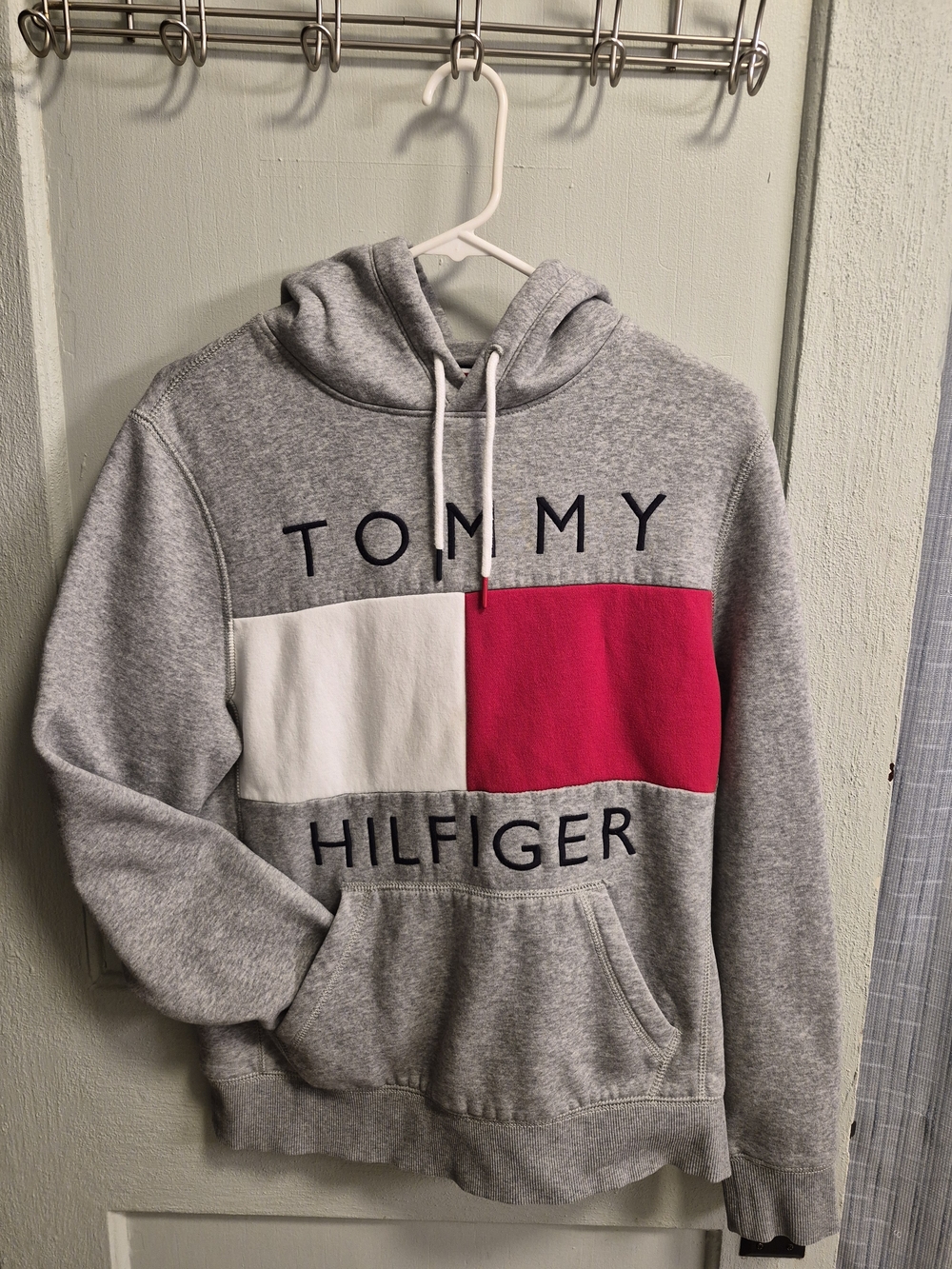 Tommy Hilfiger Gray Hoodie with White & Red Block Logo